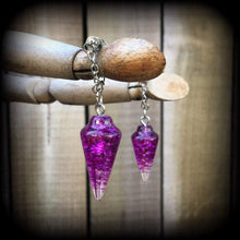 Load image into Gallery viewer, Crystal earrings, Pendulum earrings, Wicca jewelry, Gemstone Plug earrings, Tunnel earrings, Purple Quartz earrings, For pierced ears Gauges