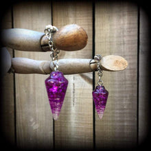 Load image into Gallery viewer, Crystal earrings, Pendulum earrings, Wicca jewelry, Gemstone Plug earrings, Tunnel earrings, Purple Quartz earrings, For pierced ears Gauges
