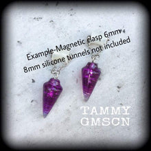 Load image into Gallery viewer, Crystal earrings, Pendulum earrings, Wicca jewelry, Gemstone Plug earrings, Tunnel earrings, Purple Quartz earrings, For pierced ears Gauges