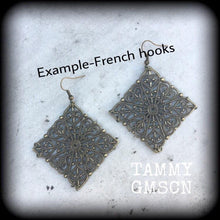 Load image into Gallery viewer, Mandala earrings Fractal earrings Henna earrings Sacred Geometry Geometric earrings Hanging gauges earrings Pierced ears Gauged earrings