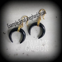 Load image into Gallery viewer, Onyx earrings Black onyx Crescent moon earrings Moon earrings Dangle earrings Gemstone earrings Pierced ears Organic Wicca Pagan 14g 16g 18g
