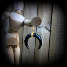 Load image into Gallery viewer, Onyx earrings Black onyx Crescent moon earrings Moon earrings Dangle earrings Gemstone earrings Pierced ears Organic Wicca Pagan 14g 16g 18g