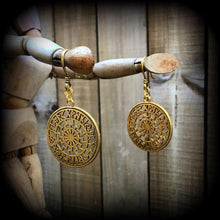 Load image into Gallery viewer, Sunwheel earrings Rune earrings Viking Black sun Occult Viking Norse Esoteric Asatru Gauges Pierced ears Tunnel earrings Plug earrings 14g