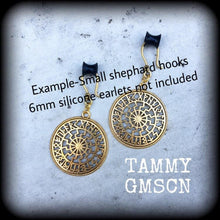 Load image into Gallery viewer, Sunwheel earrings Rune earrings Viking Black sun Occult Viking Norse Esoteric Asatru Gauges Pierced ears Tunnel earrings Plug earrings 14g