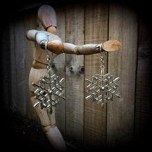 Load image into Gallery viewer, Snowflake earrings Christmas earrings Winter Snow Kitsch Kawaii Boho Dangle earrings Pierced ears Tunnel dangles Gauges earrings Big earring