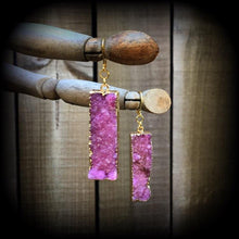 Load image into Gallery viewer, Druzy earrings, Quartz earrings, Gemstone, Crystal Dangle earrings, Boho earrings, Organic earrings, Earrings for pierced ears, Pink earring