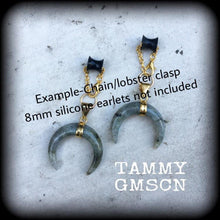 Load image into Gallery viewer, Labradorite ear hangers Gemstone ear weights Tunnel dangles Crystal Quartz Crescent moon Plug dangles Hanging gauges Gauged earrings 0g 2g