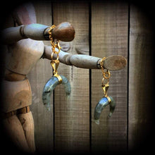 Load image into Gallery viewer, Labradorite ear hangers Gemstone ear weights Tunnel dangles Crystal Quartz Crescent moon Plug dangles Hanging gauges Gauged earrings 0g 2g