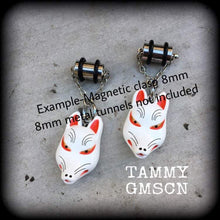 Load image into Gallery viewer, 0 gauge tunnel earrings Kitsune ear hangers 8mm ear weights Inari Fox Plug dangles 6mm tunnel dangles Hanging gauges 3mm gauged earrings 8g