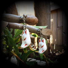 Load image into Gallery viewer, 0 gauge tunnel earrings Kitsune ear hangers 8mm ear weights Inari Fox Plug dangles 6mm tunnel dangles Hanging gauges 3mm gauged earrings 8g