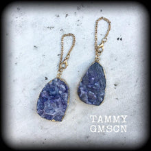 Load image into Gallery viewer, Druzy earrings 0 gauge ear hangers Crystal earrings Gemstone earrings Quartz earrings Plug earrings Tunnel dangles Hanging gauges 8mm 10mm