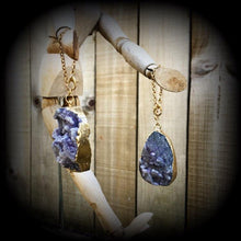 Load image into Gallery viewer, Druzy earrings 0 gauge ear hangers Crystal earrings Gemstone earrings Quartz earrings Plug earrings Tunnel dangles Hanging gauges 8mm 10mm