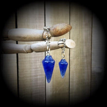 Load image into Gallery viewer, Blue cherry Quartz Earrings Blue Earrings Gemstone Goddess Boho Wicca Pendulum earrings Crystal earrings Pierced Ears Tunnel dangles 2g 4g
