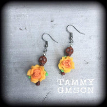 Load image into Gallery viewer, Halloween earrings Skull ear hangers Day of the Dead Skull Rose earrings Santeria Voodoo Los Muertos Cinco de Mayo Tunnel dangles 0g 2g 4g