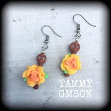 Load image into Gallery viewer, Halloween earrings Skull ear hangers Day of the Dead Skull Rose earrings Santeria Voodoo Los Muertos Cinco de Mayo Tunnel dangles 0g 2g 4g