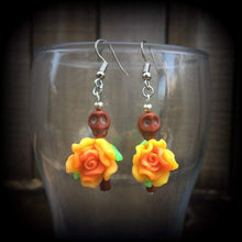 Load image into Gallery viewer, Halloween earrings Skull ear hangers Day of the Dead Skull Rose earrings Santeria Voodoo Los Muertos Cinco de Mayo Tunnel dangles 0g 2g 4g