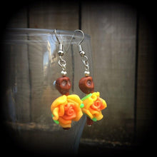 Load image into Gallery viewer, Halloween earrings Skull ear hangers Day of the Dead Skull Rose earrings Santeria Voodoo Los Muertos Cinco de Mayo Tunnel dangles 0g 2g 4g