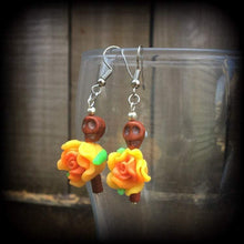 Load image into Gallery viewer, Halloween earrings Skull ear hangers Day of the Dead Skull Rose earrings Santeria Voodoo Los Muertos Cinco de Mayo Tunnel dangles 0g 2g 4g