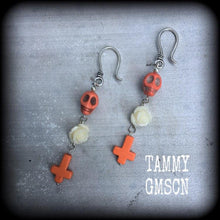 Load image into Gallery viewer, Skull earrings Halloween earrings Day of the Dead earrings Rose earrings Santeria jewelry Voodoo jewelry Los Muertos jewelry Inverted Cross