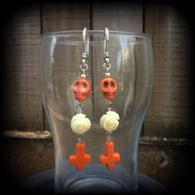 Load image into Gallery viewer, Skull earrings Halloween earrings Day of the Dead earrings Rose earrings Santeria jewelry Voodoo jewelry Los Muertos jewelry Inverted Cross
