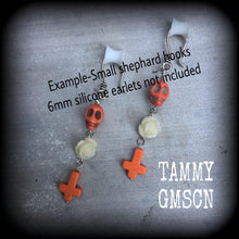 Load image into Gallery viewer, Skull earrings Halloween earrings Day of the Dead earrings Rose earrings Santeria jewelry Voodoo jewelry Los Muertos jewelry Inverted Cross