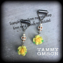 Load image into Gallery viewer, Day of the Dead earrings Skull earrings Rose earrings Santeria earrings Voodoo Los Muertos earrings Cinco de Mayo earrings Tunnel dangles