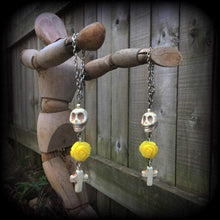 Load image into Gallery viewer, Cross earrings Halloween ear hangers Day of the Dead Skull Rose earrings Santeria Voodoo Los Muertos Plug earrings Tunnel dangles 0g 2g 4g