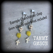 Load image into Gallery viewer, Cross earrings Halloween ear hangers Day of the Dead Skull Rose earrings Santeria Voodoo Los Muertos Plug earrings Tunnel dangles 0g 2g 4g