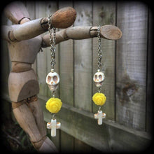 Load image into Gallery viewer, Cross earrings Halloween ear hangers Day of the Dead Skull Rose earrings Santeria Voodoo Los Muertos Plug earrings Tunnel dangles 0g 2g 4g