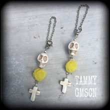 Load image into Gallery viewer, Cross earrings Halloween ear hangers Day of the Dead Skull Rose earrings Santeria Voodoo Los Muertos Plug earrings Tunnel dangles 0g 2g 4g