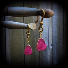 Load image into Gallery viewer, Pink Druzy Tunnel dangles  Gemstone ear hangers Quartz Plug dangles Hanging gauges Plug gauges Gauged earrings Ear weights 00g 0g 2g 4g