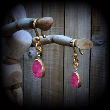 Load image into Gallery viewer, Pink Druzy Tunnel dangles  Gemstone ear hangers Quartz Plug dangles Hanging gauges Plug gauges Gauged earrings Ear weights 00g 0g 2g 4g
