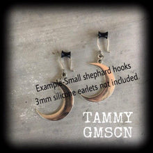 Load image into Gallery viewer, 10mm ear hangers 00 gauge plug dangles Crescent moon tunnel dangles Cresent moon gauged earrings Hanging gauges Tunnel earrings Plug earring