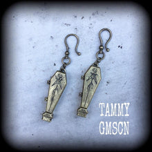 Load image into Gallery viewer, Coffin earrings Halloween earrings Skeleton earrings Plug earrings Bronze Tunnel earrings Jack Skellington Ear hangers Horror movie Cosplay
