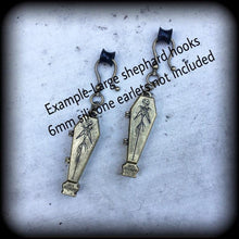 Load image into Gallery viewer, Coffin earrings Halloween earrings Skeleton earrings Plug earrings Bronze Tunnel earrings Jack Skellington Ear hangers Horror movie Cosplay
