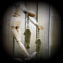 Load image into Gallery viewer, Coffin earrings Halloween earrings Skeleton earrings Plug earrings Bronze Tunnel earrings Jack Skellington Ear hangers Horror movie Cosplay