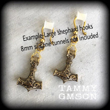 Load image into Gallery viewer, Thors Hammer earrings Rune Viking Plug earrings Occult Viking Norse Esoteric Gauged earrings Pierced ears Tunnel dangles Ear weights 00g 0g