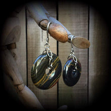 Load image into Gallery viewer, Tigers eye ear hangers Iron tigers eye Ear weights Gemstone Tunnel dangles Heavy ear weights Tunnel earrings Tunnel dangles 00g 0g 2g 4g 6g