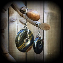 Load image into Gallery viewer, Tigers eye ear hangers Iron tigers eye Ear weights Gemstone Tunnel dangles Heavy ear weights Tunnel earrings Tunnel dangles 00g 0g 2g 4g 6g