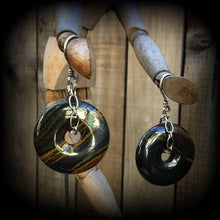 Load image into Gallery viewer, Tigers eye ear hangers Iron tigers eye Ear weights Gemstone Tunnel dangles Heavy ear weights Tunnel earrings Tunnel dangles 00g 0g 2g 4g 6g