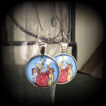 Load image into Gallery viewer, Tarot earrings 3 of cups Tarot jewelry Tarot card Sigil earrings Talismans Occult jewelry Esoteric jewelry Ouija jewelry Witchcraft Gauges