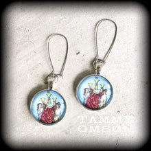 Load image into Gallery viewer, Tarot earrings 3 of cups Tarot jewelry Tarot card Sigil earrings Talismans Occult jewelry Esoteric jewelry Ouija jewelry Witchcraft Gauges