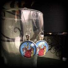 Load image into Gallery viewer, Tarot earrings 3 of cups Tarot jewelry Tarot card Sigil earrings Talismans Occult jewelry Esoteric jewelry Ouija jewelry Witchcraft Gauges