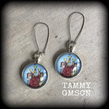 Load image into Gallery viewer, Tarot earrings 3 of cups Tarot jewelry Tarot card Sigil earrings Talismans Occult jewelry Esoteric jewelry Ouija jewelry Witchcraft Gauges