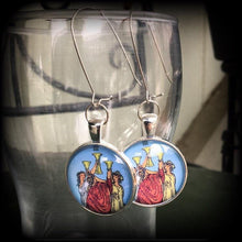 Load image into Gallery viewer, Tarot earrings 3 of cups Tarot jewelry Tarot card Sigil earrings Talismans Occult jewelry Esoteric jewelry Ouija jewelry Witchcraft Gauges