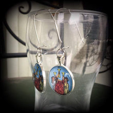 Load image into Gallery viewer, Tarot earrings 3 of cups Tarot jewelry Tarot card Sigil earrings Talismans Occult jewelry Esoteric jewelry Ouija jewelry Witchcraft Gauges