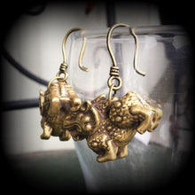 Load image into Gallery viewer, Foo Dog earrings Chinese lion earrings Temple dog earrings Ethnic earrings Chinese earrings Plug dangles Tunnel dangles Hanging Gauges 14g