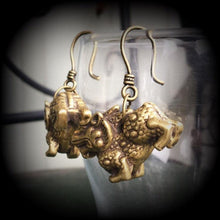 Load image into Gallery viewer, Foo Dog earrings Chinese lion earrings Temple dog earrings Ethnic earrings Chinese earrings Plug dangles Tunnel dangles Hanging Gauges 14g