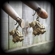 Load image into Gallery viewer, 8 gauge Foo Dog ear weights 6 gauge 4 gauge 2 gauge Brass ear weights Ear hangers Plug dangles Tunnel dangles Hanging Gauges Gauged earrings