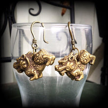 Load image into Gallery viewer, Foo Dog earrings Chinese lion earrings Temple dog earrings Ethnic earrings Chinese earrings Plug dangles Tunnel dangles Hanging Gauges 14g